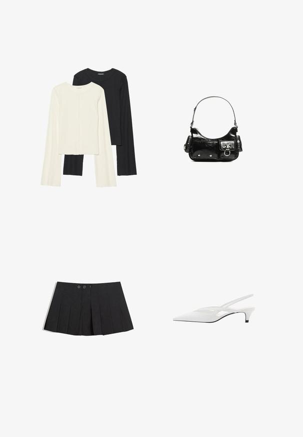 Set de două bluze cu mâneci lungi, una albă și una neagră. Textură ribbată, decolteu rotund, design ajustat cu mâneci ușor evazate.; Fustă plisată neagră din material, cu două nasturi frontali, închidere cu fermoar și tiv dreaptă.; Sandale albe cu toc slingback și vârf ascuțit, având un upper neted, decupaje subtile și un toc bloc mic. Talpa neagră accentuează designul.; Geantă de mână din piele lăcuită neagră, cu o formă curbată, un umăr, buzunare frontale și accente din metal argintiu.