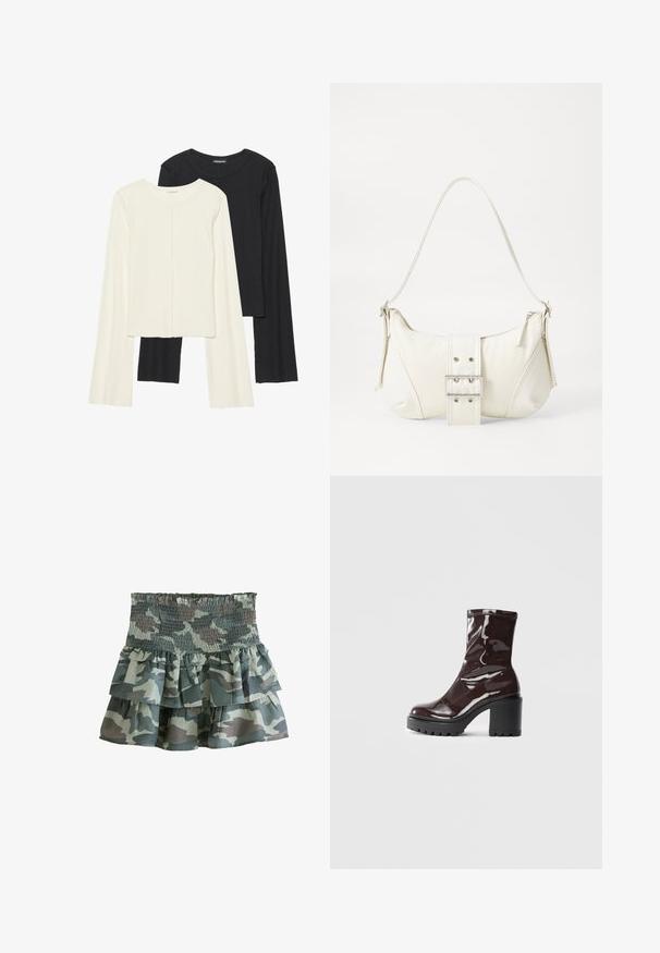 Set van twee longsleeve tops in wit en zwart. Geribbelde textuur, ronde hals, aansluitend ontwerp met licht uitlopende mouwen.; Camouflage-print gelaagde rok met een smocked tailleband, met drie gerimpelde lagen in gedempte groene en grijze tinten. Lichtgewicht stof.; Glanzende bordeauxrode enkelboot met een chunky zwarte hak, met een gladde textuur en een eenvoudig ontwerp. Geen zichtbare sluitingen of patronen.; Witte schoudertas met een gestructureerde afwerking, een centrale gesp accent, en een gebogen vorm. Ritssluitingen aan beide zijkanten.