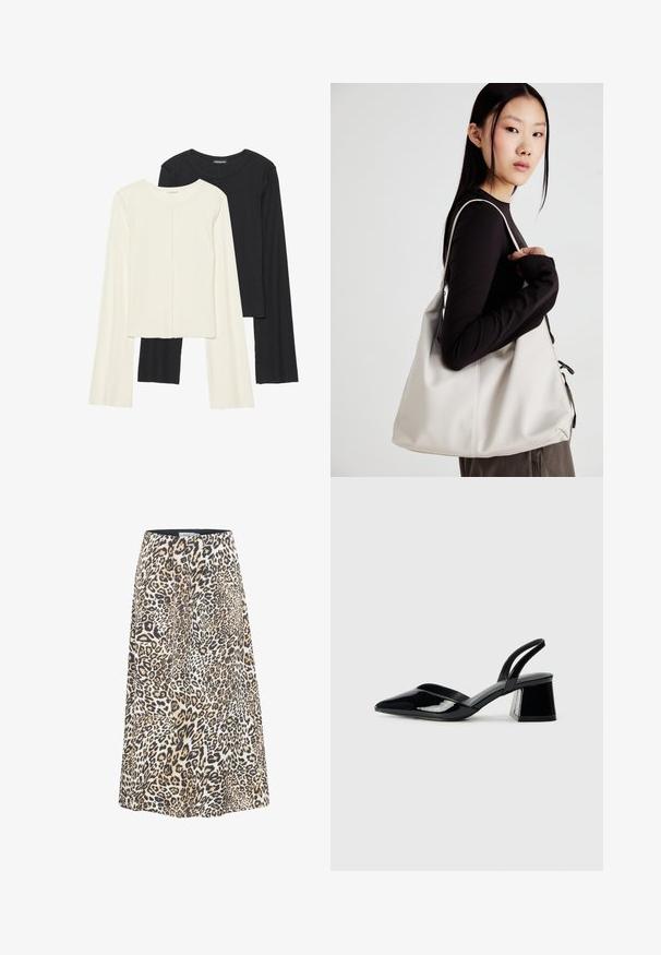 Sæt med to langærmede toppe i hvid og sort. Ribbet tekstur, rund halsudskæring, tætsiddende design med let udvidede ærmer.; Løveprint nederdel med en flagrende design, i nuancer af tan, sort og creme. Lavet af blødt, let materialebl med en talje. ; Sorte patentlæder slingback hæle med spids tå og en geometrisk blok hæl. Har et elegant, minimalistisk design og en glat tekstur.; Beige håndtaske lavet af blødt materiale med et slouchy design, stikninger og to skulderremme. Velegnet til daglig brug.