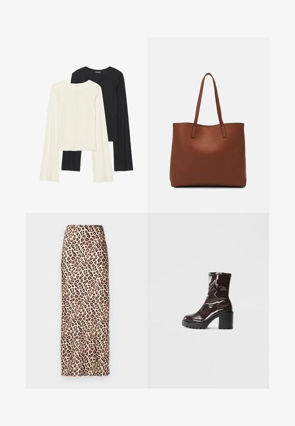 Set de două bluze cu mâneci lungi, una albă și una neagră. Textură ribbată, decolteu rotund, design ajustat cu mâneci ușor evazate.; VILA VISAHRA SKIRT - Fustă în formă de A - beige; Botine lucioase burgundy, cu toc gros negru, având o textură netedă și un design simplu. Fără închideri sau modele vizibile.; Geantă de umăr din piele maro cu o textură netedă, design cu vârf deschis și două curele pentru umăr. Prezintă cusături minime și fără componente metalice vizibile.