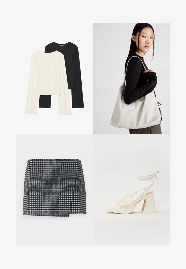 Kaksik Eri pikkusega valge ja musta värvi pikkade varrukatega topsi. Ribikstruktuur, ümar kaelus, lihav disain, veidi laienevate varrukatega.; Villane mini seelik, millel on must-valge hounds-tooth muster, sirge lõige kerge asümmeetrilise hemiga ja tekstureeritud kangas.; Valged kõrge kontsaga sandaalid, millel on paks konts ja rihmadega disain koos pahkluu sidumisega. Sile tekstuur ja platvorm ees, et lisada kõrgust.; Bež käekott pehme materjali, millel on lõtv disain, õmblustega detailid ja kaks õlarihma. Sobib igapäevaseks kasutamiseks.