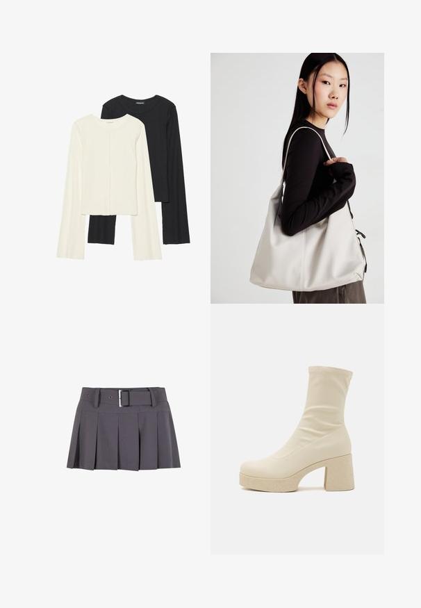 Set van twee longsleeve tops in wit en zwart. Geribbelde textuur, ronde hals, aansluitend ontwerp met licht uitlopende mouwen.; Grijze geplooide mini rok met een gladde textuur, voorzien van een brede tailleband, riemlussen en een rechthoekige zilveren sluiting.; Beige enkelboot gemaakt van glad synthetisch materiaal, met een nauwsluitende silhoët, stevige getextureerde hak en platformzool.; Beige handtas gemaakt van zacht materiaal, met een slonzig ontwerp, gestikte details en twee schouderbanden. Geschikt voor dagelijks gebruik.