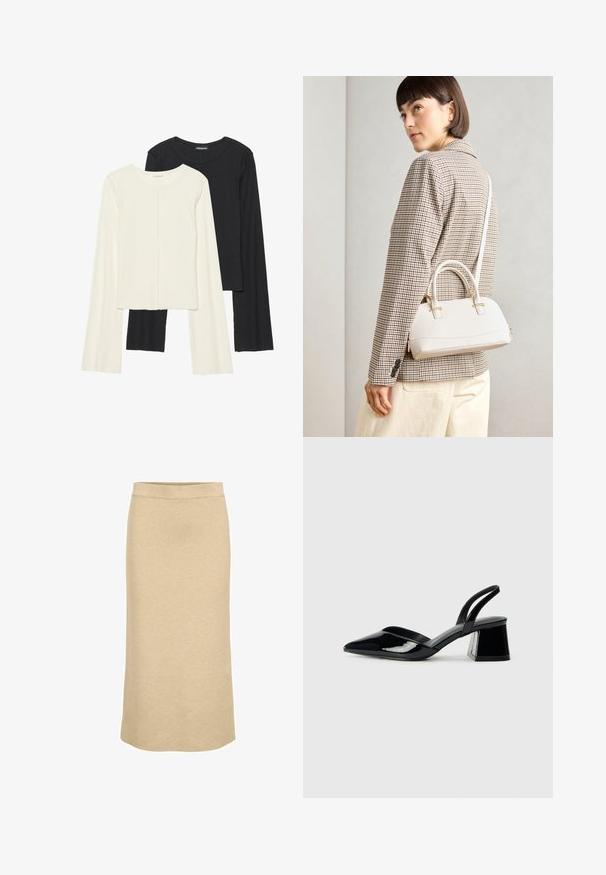 Ensemble de deux hauts à manches longues en blanc et noir. Texture côtelée, col rond, design ajusté avec des manches légèrement évasées.; Jupe midi en tricot couleur beige clair, avec une taille côtelée et une silhouette droite, au toucher lisse et doux.; Escarpins en cuir verni noir avec bout pointu et talon bloc géométrique. Présente un design élégant et minimaliste ainsi qu'une texture lisse.; Sac à main structuré blanc avec de courtes poignées et une bandoulière, doté de accents en métal doré et d'un matériau texturé, présenté sur un fond gris.
