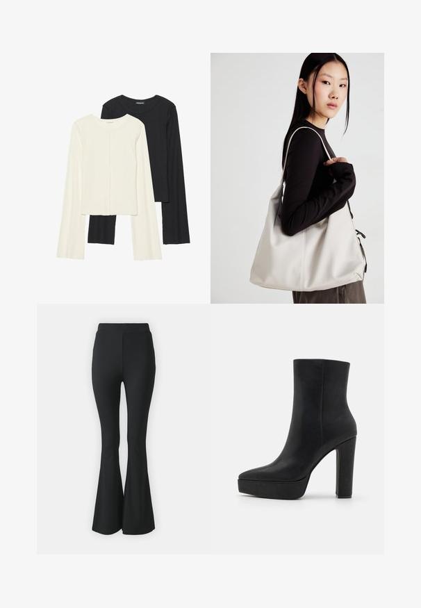 Souprava dvou dlouhých rukávů v bílé a černé barvě. Hladká textura, kulatý výstřih, upnutý střih s mírně rozšířenými rukávy.; Černé rozšířené kalhoty vyrobené z elastického materiálu. Mají vysoký pas a hladký, přiléhavý design, který se rozšiřuje od kolene dolů.; Černé kotníkové boty s špičatou špičkou, vyrobené z hladké kůže. Mají výrazný vysoký podpatek a platformovou podrážku pro větší výšku.; Beige kabelka vyrobená z měkkého materiálu, s volným designem, prošívanými detaily a dvěma ramenními popruhy. Vhodná pro každodenní použití.