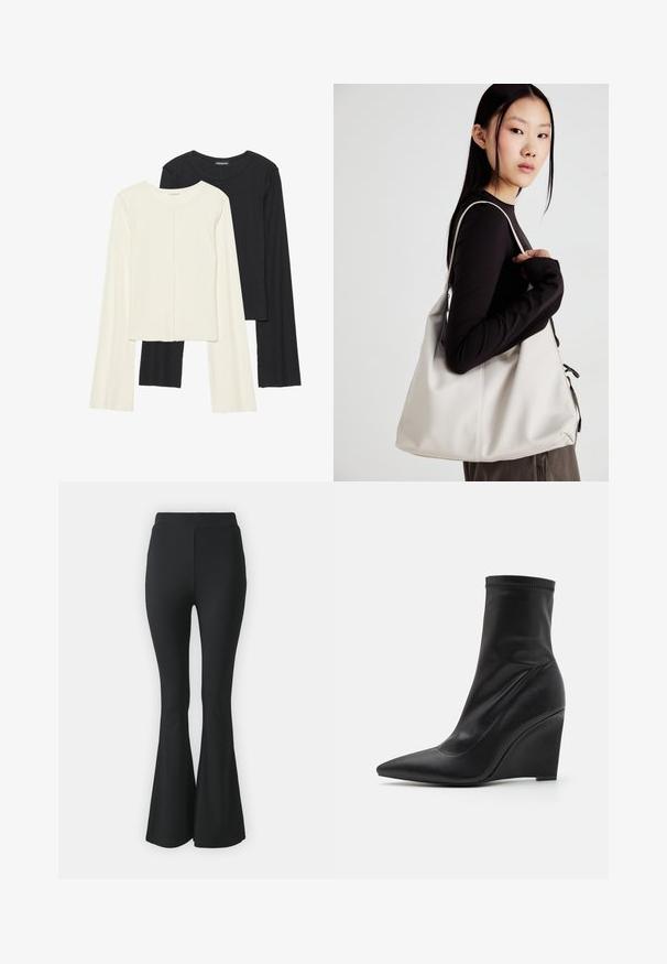 Ensemble de deux hauts à manches longues en blanc et noir. Texture côtelée, col rond, design ajusté avec des manches légèrement évasées.; Pantalons noirs évasés en tissu extensible. Présentent une taille haute et un design lisse et ajusté qui s'évase à partir du genou.; RAID BETTA - Bottines à talons hauts - black; Sac à main beige en matériau souple, avec un design décontracté, des détails cousus et deux poignées. Idéal pour un usage quotidien.