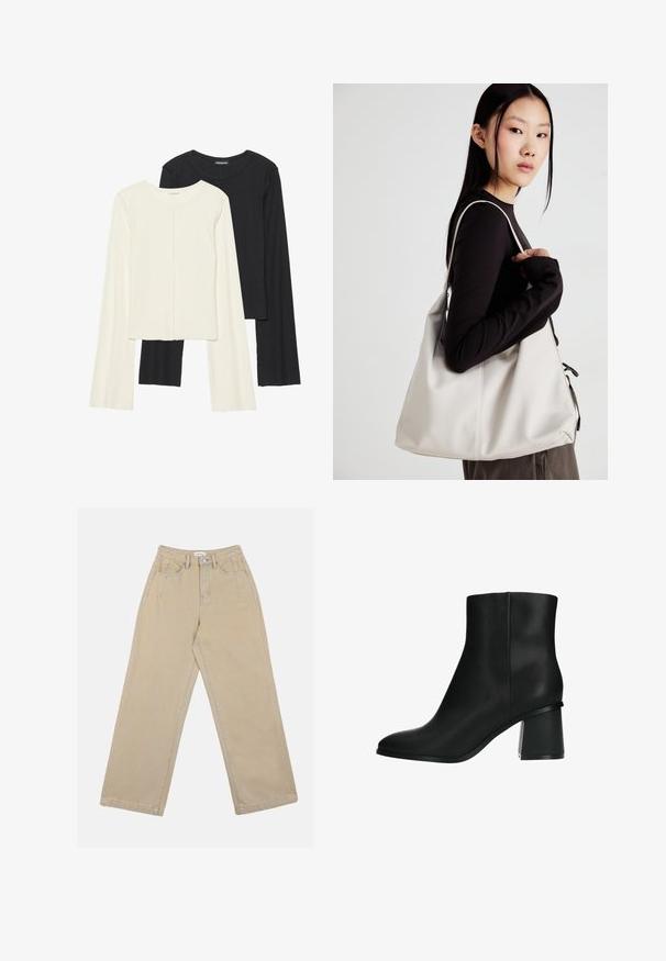 Set van twee longsleeve tops in wit en zwart. Geribbelde textuur, ronde hals, aansluitend ontwerp met licht uitlopende mouwen.; Beige wijde broek van denim, met een hoge taille, voorkruiden en contrasterende stiksels. Het ontwerp omvat een knoopsluiting.; Zwarte enkelboot met een elegante, gladde afwerking, spitse neus en een gedempt blokhak. Het ontwerp heeft minimalistische lijnen en geen zichtbare hardware.; Beige handtas gemaakt van zacht materiaal, met een slonzig ontwerp, gestikte details en twee schouderbanden. Geschikt voor dagelijks gebruik.