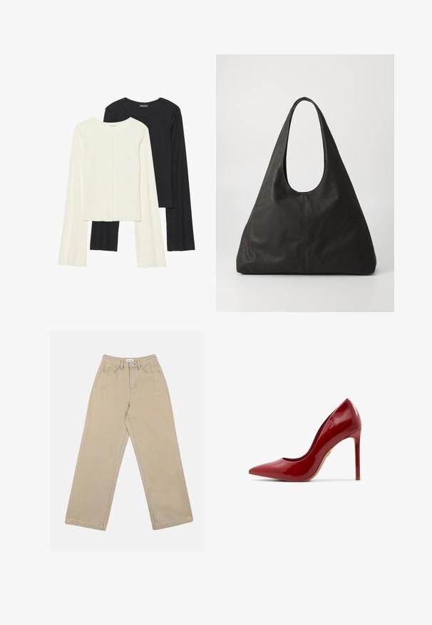 Set van twee longsleeve tops in wit en zwart. Geribbelde textuur, ronde hals, aansluitend ontwerp met licht uitlopende mouwen.; Beige wijde broek van denim, met een hoge taille, voorkruiden en contrasterende stiksels. Het ontwerp omvat een knoopsluiting.; Rode lakleren hoge hak met een puntige neus, gladde oppervlakte en een slanke stilettohak met een beige zool.; Zwarte leren tote bag met een gebogen handvat, langwerpige driehoekige vorm en een zachte textuur. Kenmerkt zich door een minimalistisch ontwerp zonder zichtbare hardware.