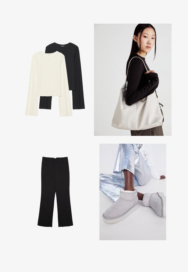 Set aus zwei Langarmoberteilen in Weiß und Schwarz. Rippstruktur, Rundhalsausschnitt, figurbetontes Design mit leicht ausgestellten Ärmeln.; Schwarze Hose mit geradem Schnitt, ausgestattet mit Fronttaschen und Seitenschlitzen am Saum. Hergestellt aus weichem, glattem Stoff. Geeignet für verschiedene Anlässe.; Graue Wildleder-Ankle-Boots, verziert mit zahlreichen glänzenden Strasssteinen, mit einer weißen Sohle und weichem Innenfutter, kombiniert mit metallisch silbernen Hosen.; Beige Handtasche aus weichem Material, mit einem lässigen Design, gesteppten Details und zwei Schulterriemen. Geeignet für den täglichen Gebrauch.