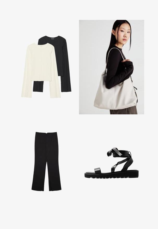 Set med två långärmade toppar i vitt och svart. Ribbade texturer, rund hals, figurnära design med något utställda ärmar.; Svarta byxor med rak passform, utrustade med framfickor och sidoklyvningar vid fållen. Tillverkade av mjukt, slätt tyg. Lämpliga för olika tillfällen.; Svarta sandaler med en texturerad sula, med smala remmar och en knuten design. Tillverkade av en slät material, modern form och öppen tå.; Beige handväska tillverkad av mjukt material, med en avslappnad design, sydda detaljer och två axelremmar. Lämplig för dagligt bruk.
