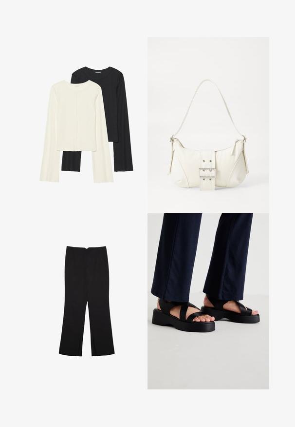 Kaksi pitkähihainen puseroa valkoisena ja mustana. Varren neulos, pyöreä kaulus, tiukka malli, jossa on hieman levenevät hihat.; Mustat housut suoralinjaisella leikkauksella, joissa on etutaskut ja sivurei'ät helman alla. Valmistettu pehmeästä ja sileästä kankaasta. Sopii eri tilaisuuksiin.; Mustat platfrom-sandaalit leveillä ristiin ryyhityillä hihnoilla ja paksulla pohjalla. Ylätpuoli on valmistettu sileästä materiaalista ja siinä on avonaisen varvasosan design.; Valkoinen olkalaukku, jossa on teksturoitu pinta, keskeinen solkiyksityiskohta ja kaareva muoto. Vetoketjusulkimet kummallakin puolella.