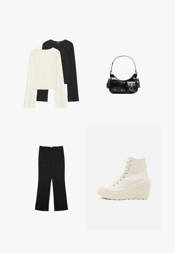 Kaksi pitkähihainen puseroa valkoisena ja mustana. Varren neulos, pyöreä kaulus, tiukka malli, jossa on hieman levenevät hihat.; Mustat housut suoralinjaisella leikkauksella, joissa on etutaskut ja sivurei'ät helman alla. Valmistettu pehmeästä ja sileästä kankaasta. Sopii eri tilaisuuksiin.; Valkoinen kangaskorkeat tennarit, joissa on korokepohja, metalliset nauhakoukut, pyöreä kärki ja kuvioitu kumipohja.; Mustekko mustasta kiiltonahasta valmistettu käsilaukku, jossa on kaareva muoto, yksi olkahihna, etutaskut ja hopeanväriset yksityiskohdat.