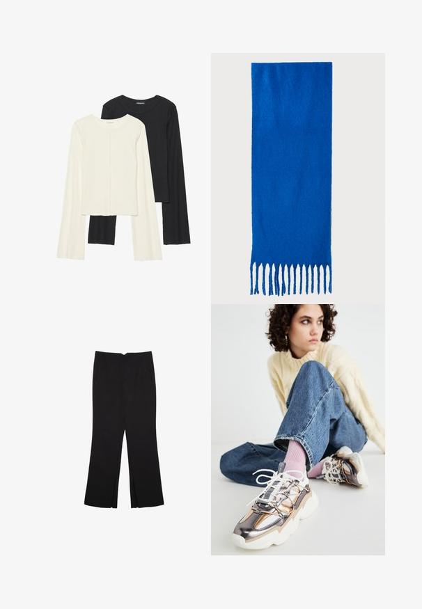 Set di due maglie a maniche lunghe, bianche e nere. Texture a coste, scollo tondo, design aderente con maniche leggermente svasate.; Pantaloni neri a gamba dritta, con tasche frontali e spacchi laterali all'orlo. Realizzati in tessuto morbido e liscio. Adatti a diverse occasioni.; Giovane con i capelli ricci che indossa un maglione crema, jeans blu, calzini rosa e sneakers chunky metalliche, seduto per terra con lo sguardo rivolto altrove.; Sciarpa blu con frange, realizzata in tessuto morbido; presenta un colore uniforme con una superficie testurizzata e frange tagliate in modo uniforme nella parte inferiore.; Borsa a tracolla in pelle nera con design strutturato, manico superiore e dettaglio in metallo dorato sulla parte frontale. Texture liscia, cuciture minime.