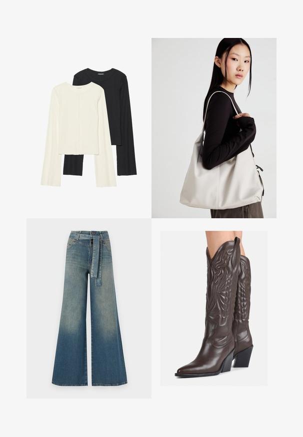 Set de două bluze cu mâneci lungi, una albă și una neagră. Textură ribbată, decolteu rotund, design ajustat cu mâneci ușor evazate.; Pantaloni din denim largi, cu un gradient de la albastru deschis la albastru închis, talie înaltă, bucle pentru curea și o curea din același material. Finisaj texturat din denim.; Bocanci de cowboy din piele maro, cu vârf ascuțit și toc pătrat, având cusături detaliate și accente ridicate pe tijă.; Geantă bej din material moale, cu un design lejer, detalii cusute și două bretele pentru umăr. Potrivită pentru utilizarea zilnică.
