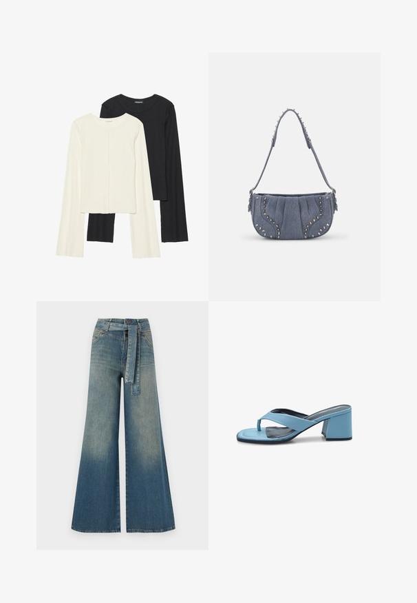 Kaksik Eri pikkusega valge ja musta värvi pikkade varrukatega topsi. Ribikstruktuur, ümar kaelus, lihav disain, veidi laienevate varrukatega.; Laiad denimpüksid, millel on hele tume sinine gradiendiefekt, kõrge vöökoht, vöökumlid ja sobivast kangast vöö. Struktureeritud denimi viimistlus.; Hele sinine kontsaga sandaalid, millel on siledast materjalist avatud varvas ja kolmnurkne rihma disain. Paks plokknina stabiilsuse tagamiseks.; Denimi õlavarre kott volditud disainiga, sinine värv, hõbedased nupud äärtes ja tekstuuriga rihm.