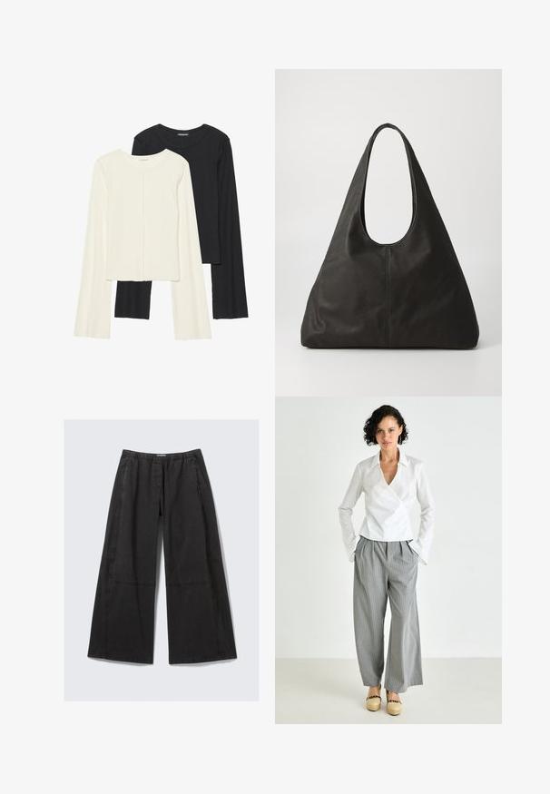 Set med två långärmade toppar i vitt och svart. Ribbade texturer, rund hals, figurnära design med något utställda ärmar.; Svarta vida byxor i bomull. Har en elastisk midja och sidopotter med sömdetaljer. Slät front utan fickor.; Vit wrap-blus med krage, kombinerad med grått randigt vida byxor och tan plattformsskor. Slät tyg och avslappnad passform.; Svart läder tote-väska med ett böjt handtag, avlång triangulär form och slät yta. Har en minimalistisk design utan synlig utrustning.