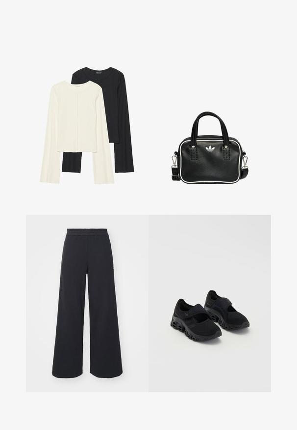 Set med två långärmade toppar i vitt och svart. Ribbade texturer, rund hals, figurnära design med något utställda ärmar.; Svarta vida sweatpants tillverkade av mjukt tyg, med ett elastiskt midjeband och en liten logotyp på vänster sida.; Svarta sportskor med mesh-överdel, säker rem över fotryggen, tjock sula med rundade utskärningar och texturerad detaljering på sidorna.; Svart läderhandväska med två korta handtag, silverfärgade detaljer, vita accenter och en vit logotyp. Har en texturerad yta och en kompakt design.