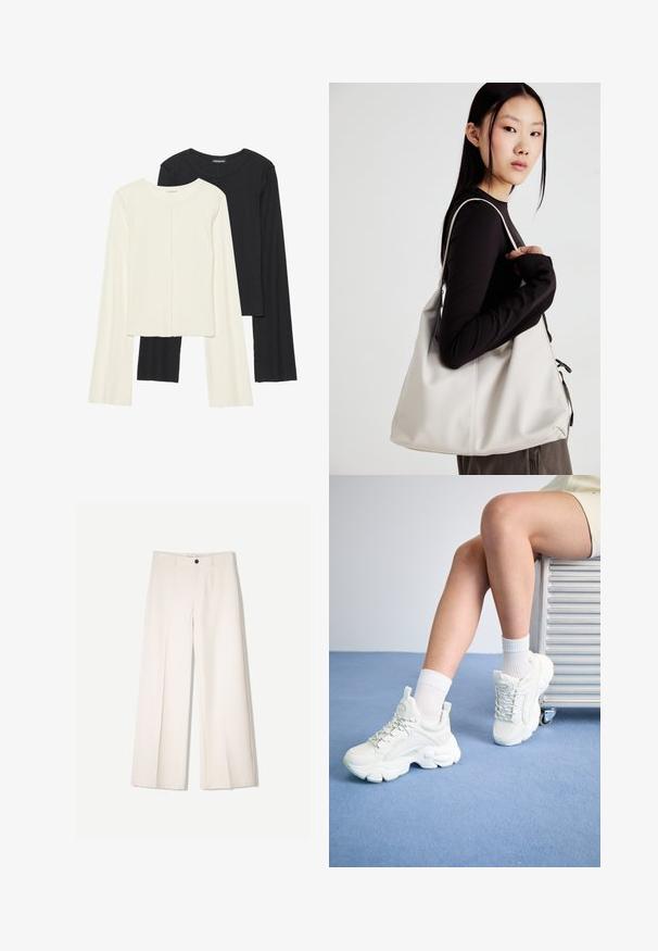 Set aus zwei Langarmoberteilen in Weiß und Schwarz. Rippstruktur, Rundhalsausschnitt, figurbetontes Design mit leicht ausgestellten Ärmeln.; Cremfarbene weitem Hosen mit maßgeschneidertem Design, ausgestattet mit zwei vorderen Taschen und einem vorderen Knopfverschluss, aus glattem Stoff gefertigt.; Weiße Schnürsneaker mit einer dicken Sohle, aus glattem Synthetikmaterial, mit strukturierten Akzenten und einer Schlaufe an der Ferse.; Beige Handtasche aus weichem Material, mit einem lässigen Design, gesteppten Details und zwei Schulterriemen. Geeignet für den täglichen Gebrauch.