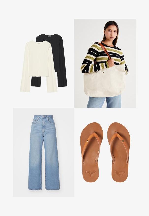 Sett med to langermede topper i hvit og svart. Ribbete tekstur, rund hals, tettsittende design med lett utsvingte ermer.; Lys blå høytlivs vide jeans med knapp- og glidelås lukking foran, foran og bak lommer, på en hvit bakgrunn.; Brune syntetiske flip-flops med oransje stropper, teksturert overflate og preget hjerte-logo detalj på sålen.; Stor beige kanvas tote bag med brune lærreimer, med et minimalistisk design og synlige sømdetaljer.