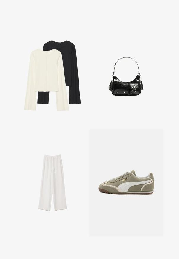 Souprava dvou dlouhých rukávů v bílé a černé barvě. Hladká textura, kulatý výstřih, upnutý střih s mírně rozšířenými rukávy.; Bílé široké kalhoty vyrobené z lehké tkaniny. Mají elastický pas se šňůrkou a boční kapsy. Hladká textura.; Zelené semišové tenisky s bílými koženými akcenty, texturovaným prošíváním, šněrovacím předním dílem a gumovou podrážkou. Obsahují jedinečné designové prvky podél boků.; Černá lakovaná kožená kabelka s křivkovým tvarem, jedním ramenním popruhem, předními kapsami a stříbrnými kovovými detaily.