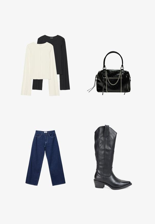 Set di due maglie a maniche lunghe, bianche e nere. Texture a coste, scollo tondo, design aderente con maniche leggermente svasate.; Jeans in denim blu scuro a gamba larga con chiusura a bottone, cinque tasche e cuciture bianche a contrasto. Il tessuto ha una finitura liscia e leggermente texturizzata.; Stivale da cowboy in pelle nera con punta appuntita, dettagli in rilievo e tacco di dimensioni medie. Presenta un'etichetta di trazione per una facile calzata e sfilata.; Bershka WITH CHAIN - Borsa a mano - black
