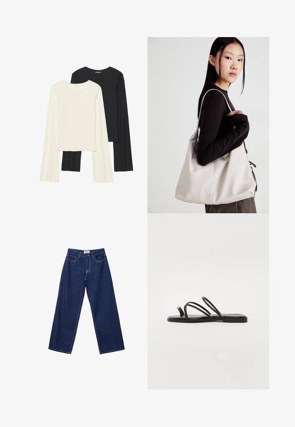 Sæt med to langærmede toppe i hvid og sort. Ribbet tekstur, rund halsudskæring, tætsiddende design med let udvidede ærmer.; Bredde ben mørkeblå denimjeans med knaplukning, fem lommer og kontrasterende hvid syning. Stoffet har en glat, let struktureret overflade.; Call it Spring LUNAROSE - Sandaler m/ tåsplit - black; Beige håndtaske lavet af blødt materiale med et slouchy design, stikninger og to skulderremme. Velegnet til daglig brug.