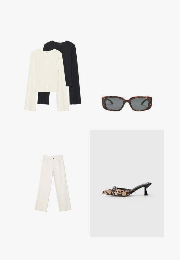 Set di due maglie a maniche lunghe, bianche e nere. Texture a coste, scollo tondo, design aderente con maniche leggermente svasate.; Jeans bianchi a gamba larga in denim, con vita alta, tasche anteriori e chiusura con bottone. Design pulito e minimal con pochi dettagli.; Mules con stampa leopardata, a punta, con tacco basso a blocco e decorazioni in fibbia nera e borchie, realizzati in tessuto testurizzato e pelle.; Occhiali da sole tartaruga con lenti rettangolari, montatura spessa e lenti scure. Texture liscia e design minimalista.; Borsa a spalla in suede beige con una grande apertura e lunghe frange sui due lati, caratterizzata da una texture liscia e una maniglia singola.