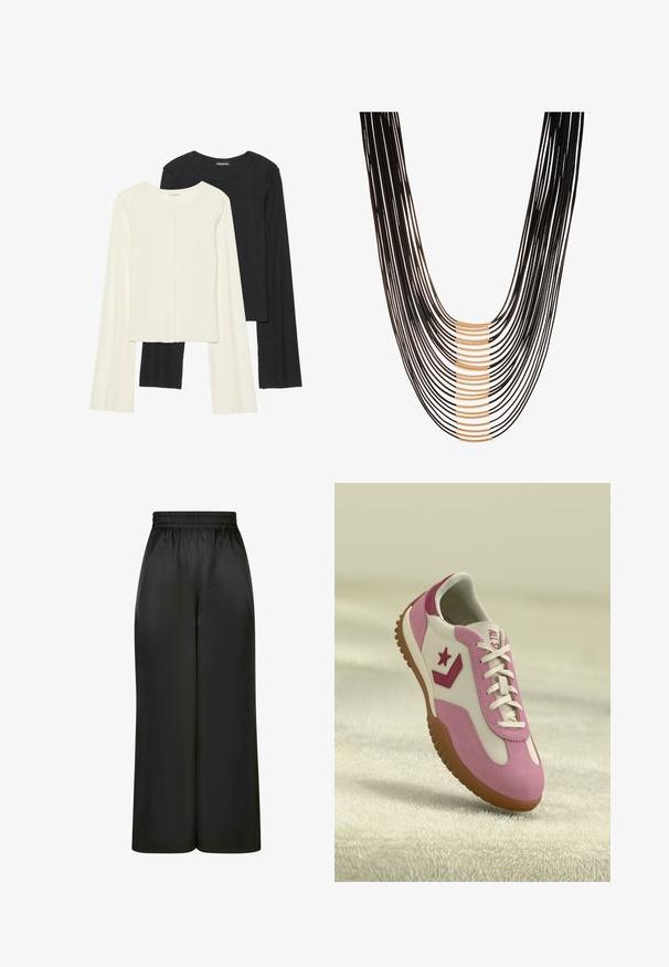 Dviejų ilgomis rankovėmis marškinėlių rinkinys, baltas ir juodas. Raukšlėta tekstūra, apvalus kaklas, prigludusi forma su šiek tiek platėjančiomis rankovėmis.; Juodos plačios kelnės, pagamintos iš lygaus, blizgaus audinio, su elastinga juosmens juosta ir be matomų kišenių ar aparatūros detalių.; Rožinė ir balta sportinė avalynė su guma ir tekstūruotu padu. Pabrėžia žvaigždės logotipą ir kontrastingas akcentus. Lygus viršus su raištelių detalėmis.; Juodas daugiasluoksnis kaklo vėrinys, kurį sudaro persipynusios virvelės ir auksinės akcentai, sukuriantys sluoksniuotą dizainą su skirtingais ilgiais ir tekstūromis.