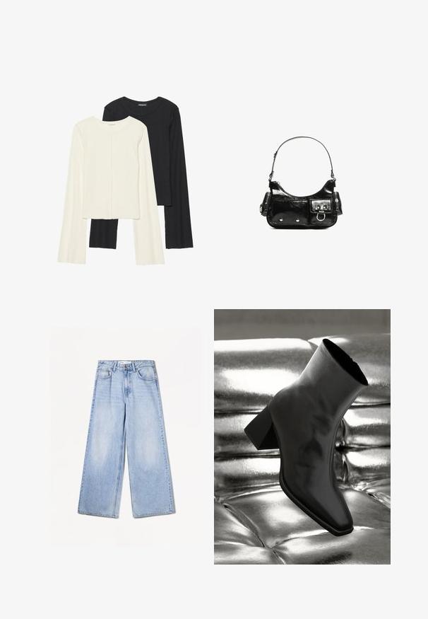Set od dvije duge majice s dugim rukavima u bijeloj i crnoj boji. Rebrasta tekstura, okrugli izrez, uski kroj s blago raširenim rukavima.; Bershka WIDE-LEG - Široke nogavice - light-blue denim; Crni gležnjača napravljena od sjajnog materijala sa četvrtastim vrhom i suženom petom, postavljena protiv srebrne sjajne pozadine sa nabranim uzorkom.; Crna patentna kožna torba s zakrivljenim oblikom, jednim remenom za rame, prednjim džepovima i akcentima od srebrnog tona.