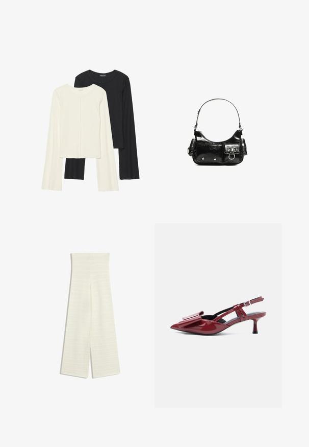 Set od dvije duge majice s dugim rukavima u bijeloj i crnoj boji. Rebrasta tekstura, okrugli izrez, uski kroj s blago raširenim rukavima.; Hlače širokih nogavica od pamučnog pletenog materijala u boji slonovače, s visokim strukom i teksturiranim uzorkom. Dizajn uključuje prorez na rubu s obe strane.; Crvena lakirana kožna slingback cipela s kitten petom, šiljastim vrhom i velikom mašnom na gornjem dijelu, na bijeloj pozadini.; Crna patentna kožna torba s zakrivljenim oblikom, jednim remenom za rame, prednjim džepovima i akcentima od srebrnog tona.