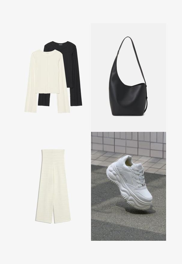 Set of two long-sleeve tops in white and black. Ribbed texture, round neck, fitted design with slightly flared sleeves.; Wide-leg pants in off-white knit fabric, featuring a high waist and textured pattern. The design includes a split at the hem on each side.; White leather sneaker with a chunky sole, textured detailing, and lace-up closure. Features molded accents and a smooth finish.; Black leather hobo bag with a smooth texture, curved shape, and single adjustable strap; features a wide opening at the top.