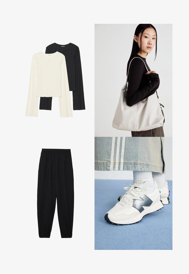 Set de două bluze cu mâneci lungi, una albă și una neagră. Textură ribbată, decolteu rotund, design ajustat cu mâneci ușor evazate.; Pantaloni negri, ușori, cu un brâu elastic și tivuri strânse. Materialul este neted și are un design relaxat, conic.; Adidași albi pentru sport cu un accent argintiu, țesătură texturată și piele fină; având o talpă din cauciuc negru și șireturi.; Geantă bej din material moale, cu un design lejer, detalii cusute și două bretele pentru umăr. Potrivită pentru utilizarea zilnică.