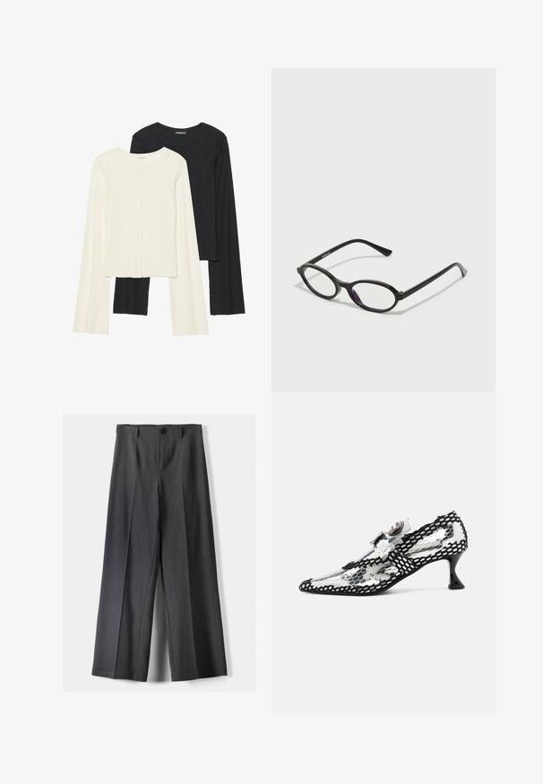Souprava dvou dlouhých rukávů v bílé a černé barvě. Hladká textura, kulatý výstřih, upnutý střih s mírně rozšířenými rukávy.; Kalhoty s širokými nohavicemi vyrobené z tmavě šedé látky, s knoflíkovým zapínáním, předními sklady a poutky na pásek. Hladká textura s přizpůsobeným střihem.; Průhledná botička na podpatku s černobílou síťovinou, špičatou špičkou a malým, rozšířeným černým podpatkem. Květinové akcenty dotvářejí design.; Černé brýle oválného tvaru s průhlednými purpurovými akcenty na čočkách. Rám má matný povrch a štíhlé, rovné nožičky.; Černá kožená kabelka přes rameno s kulatým tvarem, lesklým povrchem a stříbrnými kovovými prvky. Osoba v černých širokých kalhotách a s ozdobenými mokasíny.