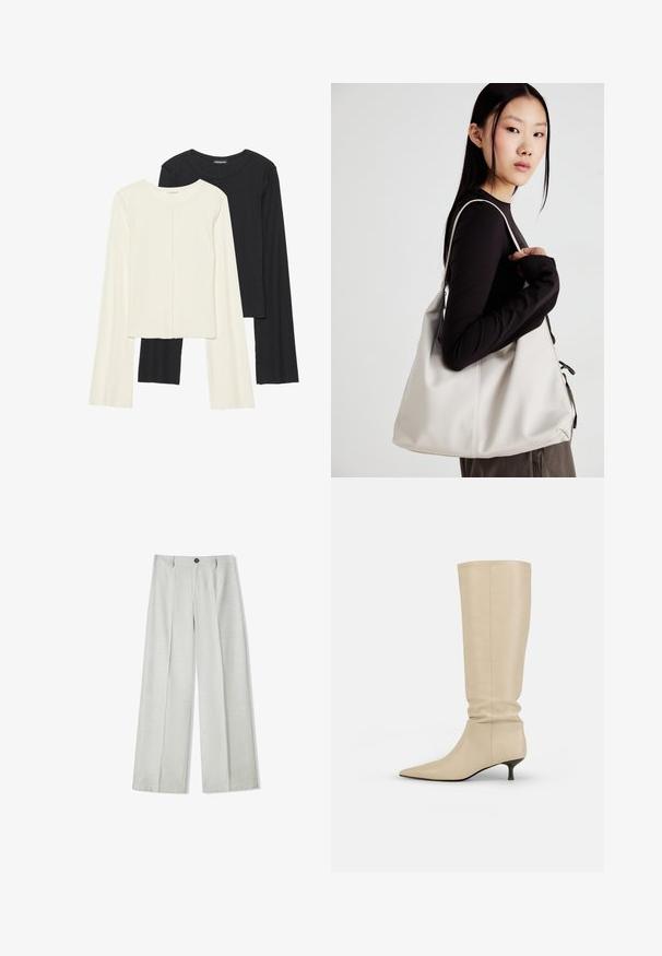 Set van twee longsleeve tops in wit en zwart. Geribbelde textuur, ronde hals, aansluitend ontwerp met licht uitlopende mouwen.; Lichtgrijze wijde broek van een gestructureerde stof, met een knoopsluiting en twee plooien aan de voorkant voor extra detail.; Beige leren laarzen tot de knie met een slouchy ontwerp, spitse neus en een bescheiden kitten heel. Gladde textuur met minimale stikseldetails.; Beige handtas gemaakt van zacht materiaal, met een slonzig ontwerp, gestikte details en twee schouderbanden. Geschikt voor dagelijks gebruik.