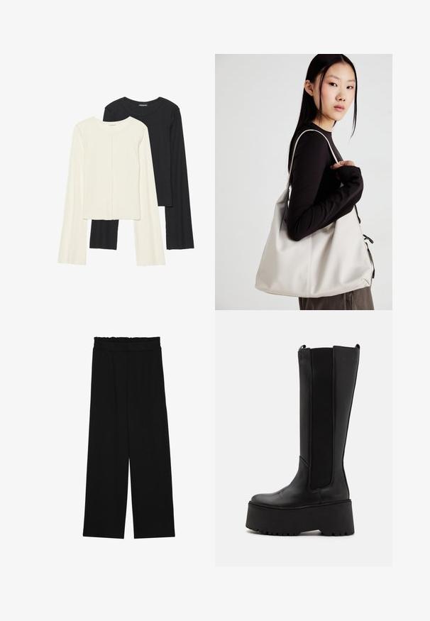 Dviejų ilgomis rankovėmis marškinėlių rinkinys, baltas ir juodas. Raukšlėta tekstūra, apvalus kaklas, prigludusi forma su šiek tiek platėjančiomis rankovėmis.; Juodi platūs kelnes su volaniniu juosmeniu, turinčiu dvi šonines kišenes ir glotnią, lengvą medžiagą. Nėra matomų raštų ar detalių.; Juodos iki kelių siekiančios aulinės su lygaus odos kūnu, elastinėmis šoninėmis juostelėmis ir storu platformos padu su raštuota apatine dalimi.; Bežinė rankinė, pagaminta iš minkštos medžiagos, turinti laisvą dizainą, siuvinėtas detalės ir dvi petnešos. Tinkama kasdieniam naudojimui.