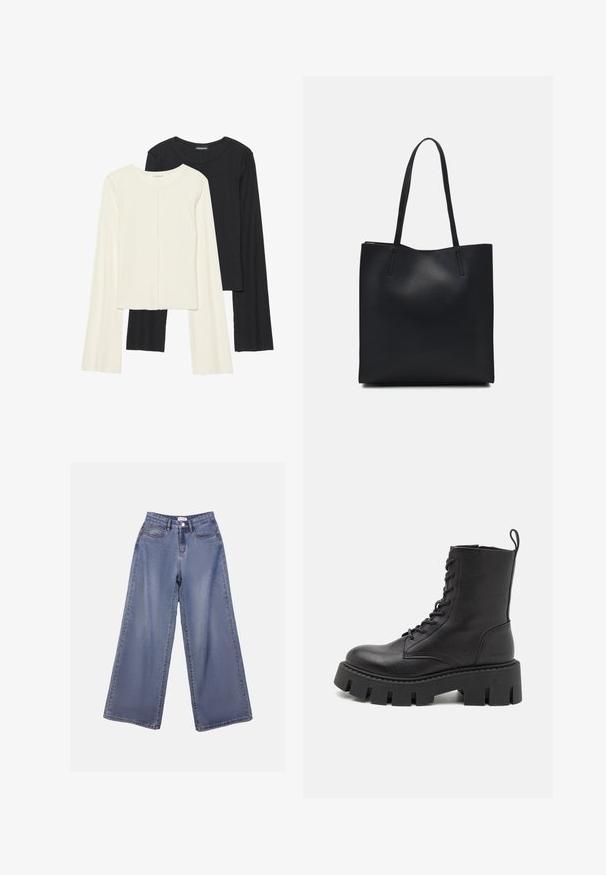Ensemble de deux hauts à manches longues en blanc et noir. Texture côtelée, col rond, design ajusté avec des manches légèrement évasées.; Jean en denim à jambes larges, de couleur bleu clair, avec une taille haute, des poches avant et une fermeture à boutons avec passants de ceinture.; Bottine noire en cuir avec un devant à lacets, semelle épaisse et tirette en boucle ; texture lisse et branding subtil sur le talon.; Sac fourre-tout en cuir noir avec une texture lisse, de forme rectangulaire et deux longues poignées. Pas de matériel ou d'ornementations visibles.