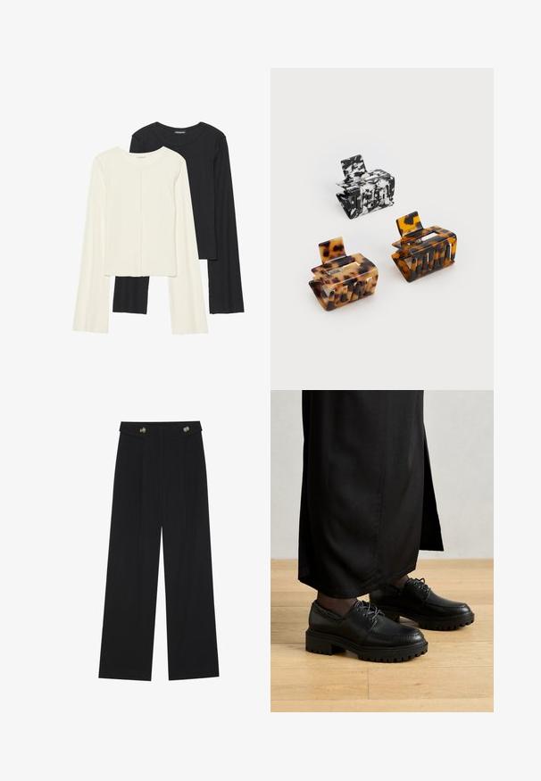 Set med två långärmade toppar i vitt och svart. Ribbade texturer, rund hals, figurnära design med något utställda ärmar.; Svarta vida byxor med hög midja, knäppdetaljer i midjan och framfickor.; Svarta läderskor med rund tå, tjock gummisula och snören. Designen har dekorativ sömnad längs ovandelen.; Tre hårklämmor: en svart-vit marmorerad, två sköldpaddsmönstrade i bruna och svarta nyanser, alla gjorda av glänsande plast med en texturerad yta.