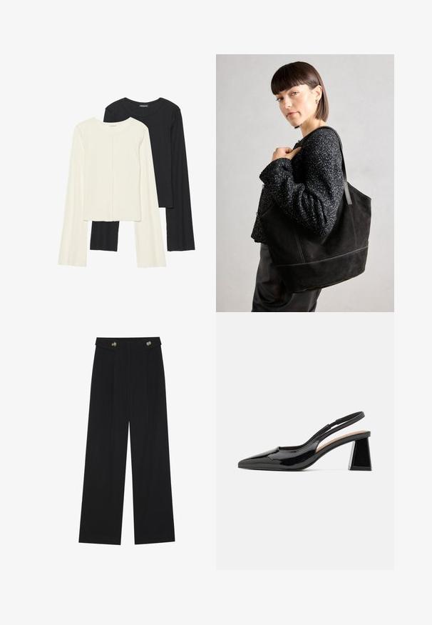 Conjunto de dos camisetas de manga larga en blanco y negro. Textura acanalada, cuello redondo, diseño ajustado con mangas ligeramente acampanadas.; Pantalones de pierna ancha negros con cintura alta, detalles de botones en la cinturilla y pliegues en la parte delantera.; Zapatos de tacón negro de charol tipo slingback con punta afilada, que cuentan con un exclusivo tacón en bloque geométrico y una textura suave. Correa ajustable para mayor soporte.; Bolso tote de ante negro con una textura suave, forma estructurada y costuras en contraste. Presenta asas largas para llevar en el hombro.