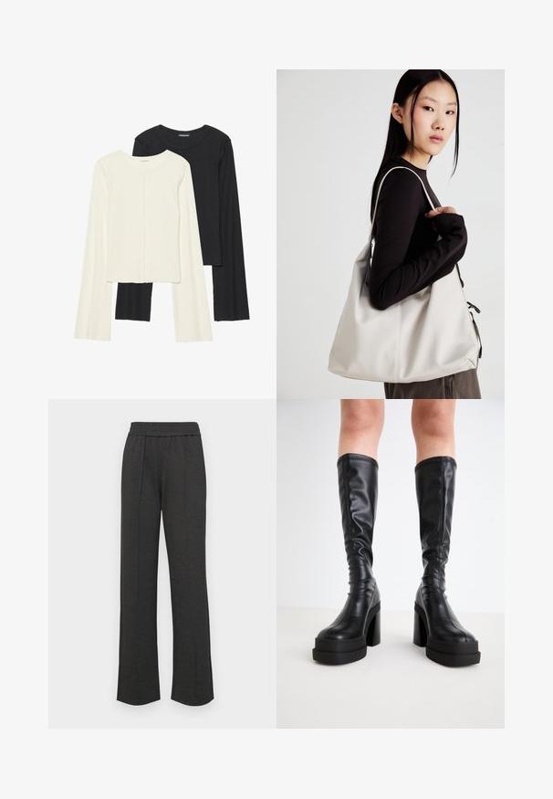 Súprava dvoch dlhých rukávov v bielej a čiernej farbe. Žebrovaná textúra, okrúhly výstrih, priliehavý strih s mierne rozšírenými rukávmi.; Čierne nohavice s rovnými nohavicami a elastickým pásom, s prednými záhybmi, z mäkkej látky, bez viditeľných vzorov alebo kovových detailov.; Čierne čižmy do kolien vyrobené z hladkej kože, s hrubou platformou a blokovým podpätkom, so šitými detailmi pozdĺž okrajov.; Béžová kabelka vyrobená z mäkkého materiálu, s uvoľneným dizajnom, prišitými detailmi a dvoma popruhmi na nosenie na pleciach. Vhodná na každodenné nosenie.