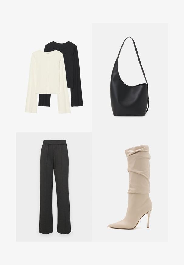 Divu garo piedurkņu tops komplekts baltā un melnā krāsā. Ribota tekstūra, apaļš kakls, pieguļoša dizaina ar nedaudz izplestām piedurknēm.; Melni taisni bikses ar elastīgu jostu, priekšējiem krokām, mīkstu audumu un bez redzamām rakstu vai aparatūras detaļām.; Beige augstpapēžu potītes zābaki, izgatavoti no gludas ādas, ar brīvu dizainu, smailu pirkstu un plānu stiletto papēdi. Zelta akcenta detaļa aizmugurē.; Melnas ādas hobo soma ar gludu tekstūru, izliekta forma un vienu regulējamu jostu; augšā ir plaša atvere.