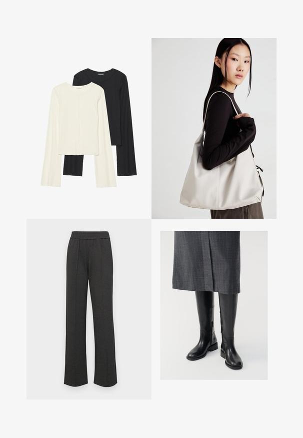 Súprava dvoch dlhých rukávov v bielej a čiernej farbe. Žebrovaná textúra, okrúhly výstrih, priliehavý strih s mierne rozšírenými rukávmi.; Čierne nohavice s rovnými nohavicami a elastickým pásom, s prednými záhybmi, z mäkkej látky, bez viditeľných vzorov alebo kovových detailov.; Čierne kožené čižmy po kolená s hladkou textúrou, bočnými zipsami a plochou podrážkou. Čižmy majú štruktúrovaný lem a minimálne doplnky.; Béžová kabelka vyrobená z mäkkého materiálu, s uvoľneným dizajnom, prišitými detailmi a dvoma popruhmi na nosenie na pleciach. Vhodná na každodenné nosenie.