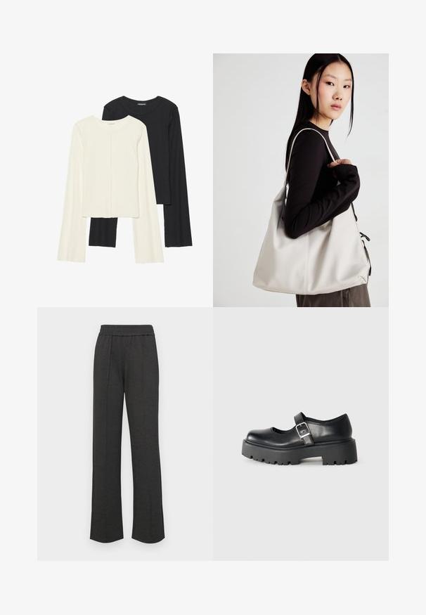 Dviejų ilgomis rankovėmis marškinėlių rinkinys, baltas ir juodas. Raukšlėta tekstūra, apvalus kaklas, prigludusi forma su šiek tiek platėjančiomis rankovėmis.; Juodos tiesios kojos kelnės su elastine juosta, priekiniais raukiniais, minkšta medžiaga ir be matomų raštų ar aparatinės įrangos detalių.; ALDO ARIGON - Įmautiniai batai - black; Bežinė rankinė, pagaminta iš minkštos medžiagos, turinti laisvą dizainą, siuvinėtas detalės ir dvi petnešos. Tinkama kasdieniam naudojimui.