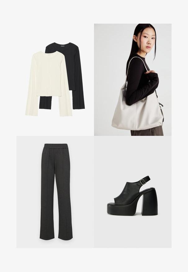 Dviejų ilgomis rankovėmis marškinėlių rinkinys, baltas ir juodas. Raukšlėta tekstūra, apvalus kaklas, prigludusi forma su šiek tiek platėjančiomis rankovėmis.; Juodos tiesios kojos kelnės su elastine juosta, priekiniais raukiniais, minkšta medžiaga ir be matomų raštų ar aparatinės įrangos detalių.; Juodos atviros platformos sandalai su kreivu dizainu, atsegamu dirželiu ir stambiu blokiniu kulnu. Lygios odos tekstūra, minimalistinis stilius.; Bežinė rankinė, pagaminta iš minkštos medžiagos, turinti laisvą dizainą, siuvinėtas detalės ir dvi petnešos. Tinkama kasdieniam naudojimui.