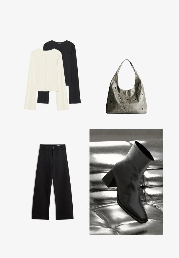 Nabor dveh dolgih rokavov v beli in črni barvi. Žameten vzorec, okrogla ovratnica, prilegajoča zasnova z rahlo razširjenimi rokavi.; Črne široke denim hlače z visokim pasom, ki imajo sprednje in zadnje žepe, šivane šive ter gumbasto zapiranje. Gladka tekstura.; Črne gležnjarje iz sijočega materiala s kvadratnim prstom in zoženim peto, postavljene na sijoče srebrno oblazinjeno ozadje.; Olivnozeleni usnjeni ročni torbici z ohlapno obliko, ki ima različne velikosti okroglih izrezov in poudarke v temnejših in svetlejših odtenkih.