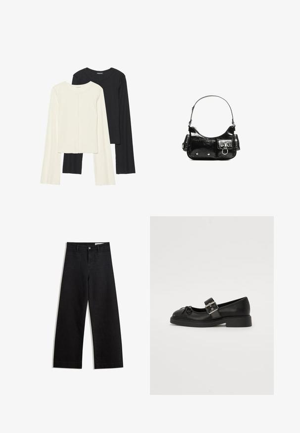 Set di due maglie a maniche lunghe, bianche e nere. Texture a coste, scollo tondo, design aderente con maniche leggermente svasate.; Pantaloni in denim neri a gamba larga con vita alta, dotati di tasche anteriori e posteriori, cuciture a punto, e chiusura con bottone. Texture liscia.; Scarpa Mary Jane in pelle nera con punta rotonda, cinturino alla caviglia e dettagli con fibbia argentata. Presenta una suola piatta e chunky e un accento a fiocco.; Borsa a spalla in vernice nera con forma curvata, una tracolla, tasche frontali e dettagli in metallo argentato.