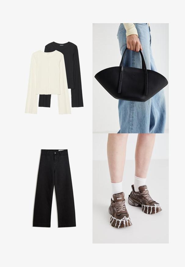 Set de două bluze cu mâneci lungi, una albă și una neagră. Textură ribbată, decolteu rotund, design ajustat cu mâneci ușor evazate.; Pantaloni din denim negri cu picioare largi, cu talie înaltă, având buzunare frontale și posterioare, cusături dublate și închidere cu nasture. Textură netedă.; Adidași din plasă maro cu talpă groasă, având un design alb care picură, șireturi texturate și accente de marcă la călcâi. Șosete albe vizibile deasupra.; Geantă de piele neagră cu o formă unică de evantai, având mânere plate. Suprafața are o textură cu mici granule și un design minimalist.