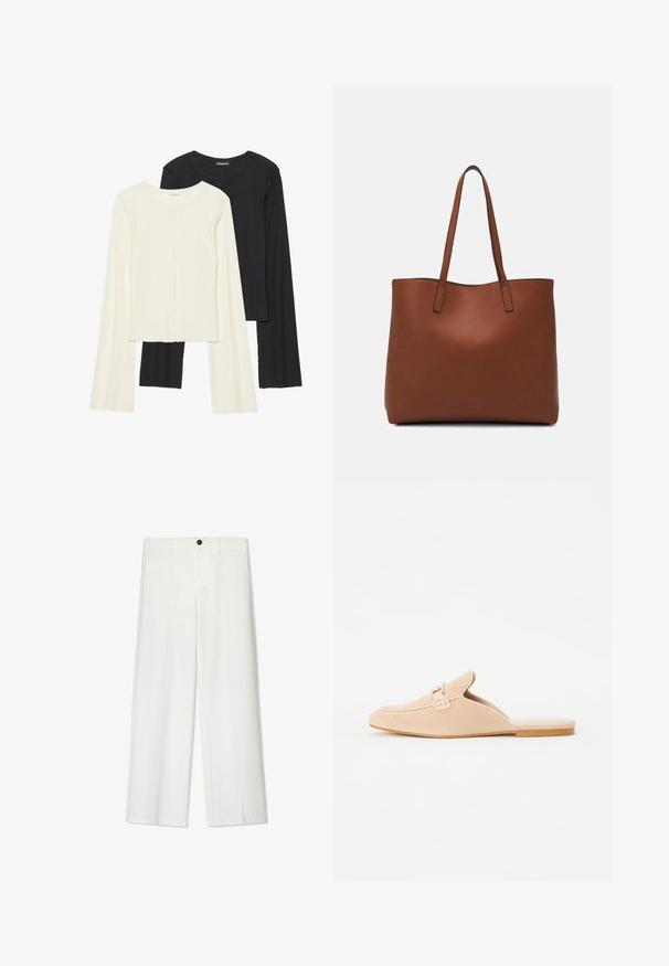 Súprava dvoch dlhých rukávov v bielej a čiernej farbe. Žebrovaná textúra, okrúhly výstrih, priliehavý strih s mierne rozšírenými rukávmi.; Biele široké nohavice s hladkou textúrou, so zapínaním na prednej strane a pútkami na opasok, navrhnuté pre voľný strih.; Béžové semišové slip-on mokasíny so zavretou špičkou, zdobené dekoratívnou sponou a plochou korokovou podrážkou. Hladká textúra s minimálnym dizajnom.; Hnedá kožená taška na rameno s hladkou textúrou, otvoreným vrchom a dvoma ramenými popruhmi. Má minimálne šitia a žiadne viditeľné kovania.