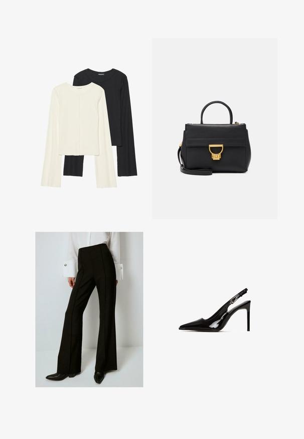 Ensemble de deux hauts à manches longues en blanc et noir. Texture côtelée, col rond, design ajusté avec des manches légèrement évasées.; Pantalons noirs taille haute avec une jambe évasée, dotés de détails de coutures verticales, fabriqués dans un tissu texturé, associés à une chemise blanche à manches longues.; Talons aiguilles en cuir verni noir avec un bout pointu et un talon stiletto. Comprend un design découpé et une sangle ajustable avec des accessoires métalliques.; Sac à main en cuir noir avec quincaillerie dorée, design structuré, anse supérieure, bandoulière amovible et un rabat avant avec fermeture par clasp.