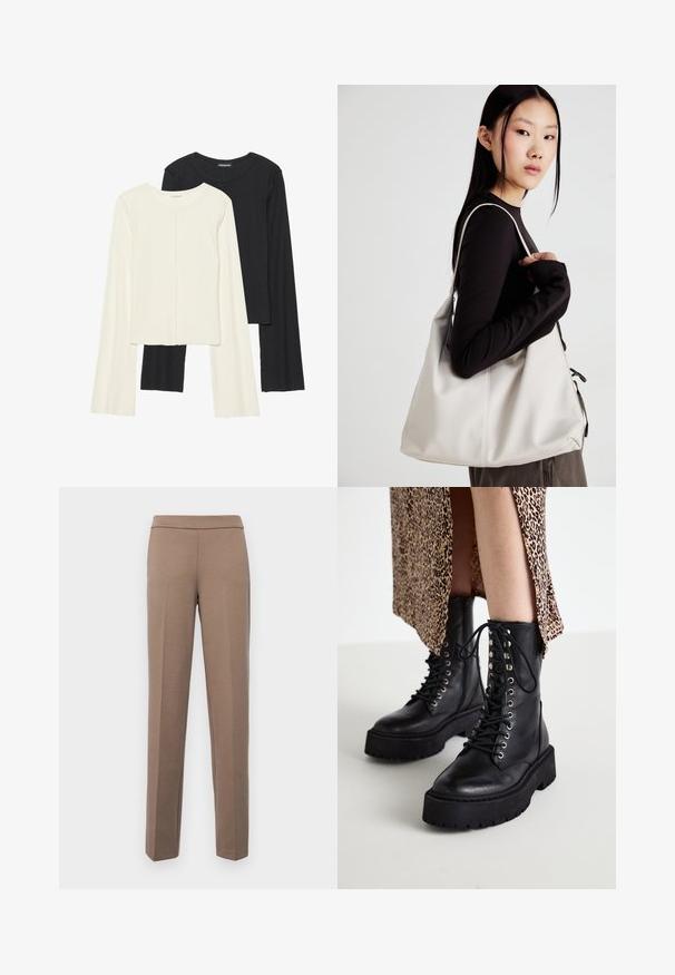 Set od dvije duge majice s dugim rukavima u bijeloj i crnoj boji. Rebrasta tekstura, okrugli izrez, uski kroj s blago raširenim rukavima.; Smeđe, uske hlače od glatkog, elastičnog materijala. Ravne nogavice i ravni struk bez vidljivih kopči ili džepova.; Crne kožne borbene čizme s debelim gumenim potplatima, prednjim vezanjem i metalnim rupicama. Teksturalna koža i kontrastni dizajn platforme.; Bežna torba od mekog materijala s opuštenim dizajnom, šivanim detaljima i dva remena za rame. Pogodna za svakodnevnu upotrebu.