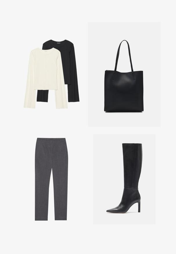 Dviejų ilgomis rankovėmis marškinėlių rinkinys, baltas ir juodas. Raukšlėta tekstūra, apvalus kaklas, prigludusi forma su šiek tiek platėjančiomis rankovėmis.; Pilkos pritaikytos kelnės, pagamintos iš tekstūruotos medžiagos, su šoninėmis kišenėmis ir tiesiu kelnių siluetu, su lygiu juosmeniu.; Juodų odinių kulkšninių stiletų batų iki kelių su smailiu priekiniu batu ir glotnia tekstūra, pasižyminčių elegantišku dizainu ir minimaliais siūlų detalėmis.; Juodas odinis tote krepšys su lygia tekstūra, stačiakampio formos ir dviem ilgais rankenomis. Matomų metalinių detalių ar puošybos nėra.