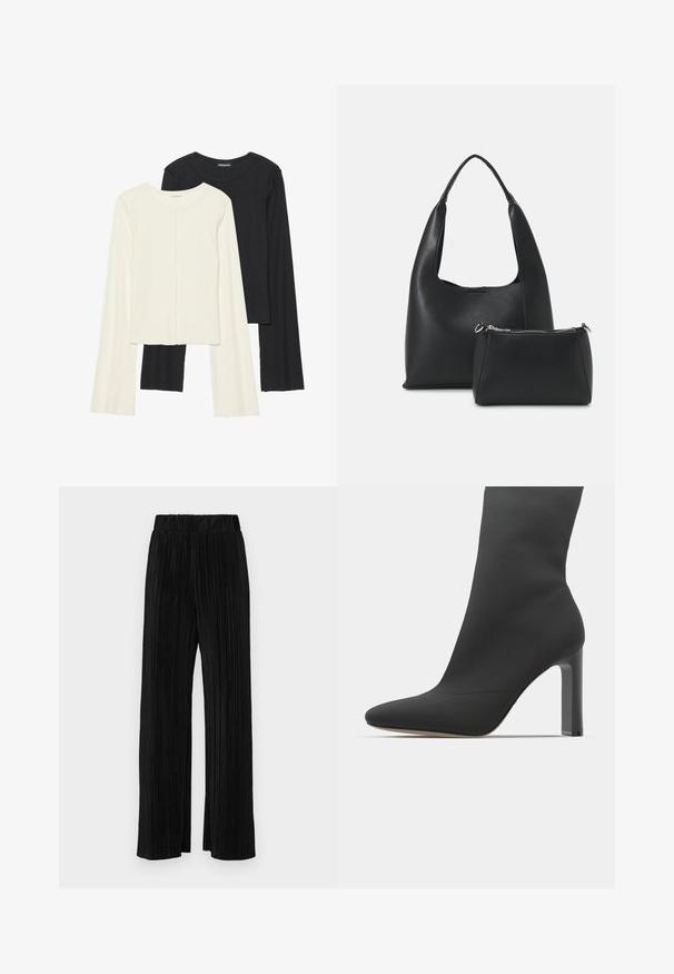 Set aus zwei Langarmoberteilen in Weiß und Schwarz. Rippstruktur, Rundhalsausschnitt, figurbetontes Design mit leicht ausgestellten Ärmeln.; Schwarze plissierte Hose mit elastischem Bund. Verfügt über weite Hosenbeine und einen glatten, strukturierten Stoff mit vertikalen Streifen.; Schwarze Stiletto-Stiefelette mit einem eleganten, sockenähnlichen Design, spitzem Zeh, glattem Stoff und einem quadratischen hohen Absatz. Minimalistische Ästhetik.; Even&Odd Handtasche - black